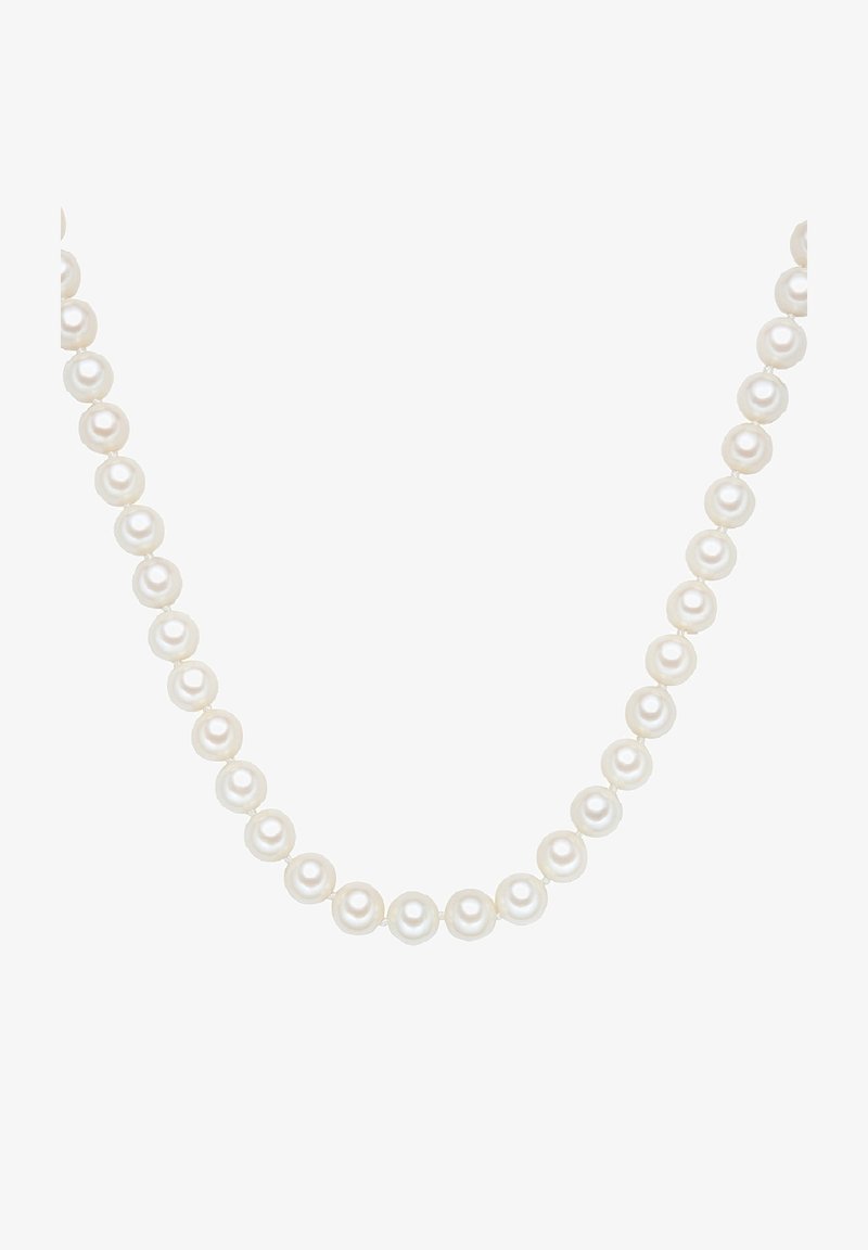 Klassisk hvid perlekæde trukket på en tynd tråd, bestående af ensartede runde perler med en glat overflade og subtil glans.