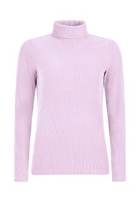 Top en turtleneck à manches longues en lilas, fabriqué en tissu côtelé, présentant une silhouette ajustée et un col haut. Texture lisse avec de légères lignes verticales.