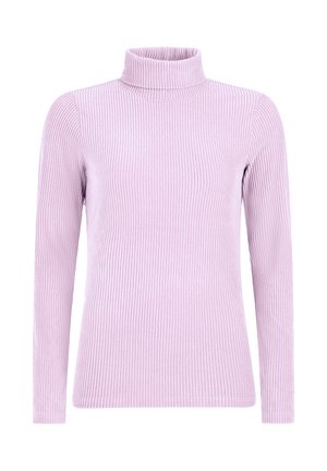 Liliowa bluzka z długim rękawem i kołnierzem typu golf, wykonana z prążkowanej tkaniny, o dopasowanej sylwetce i wysokim kołnierzu. Gładka tekstura z subtelnymi pionowymi liniami.