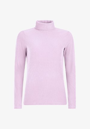 Liliowa bluzka z długim rękawem i kołnierzem typu golf, wykonana z prążkowanej tkaniny, o dopasowanej sylwetce i wysokim kołnierzu. Gładka tekstura z subtelnymi pionowymi liniami.