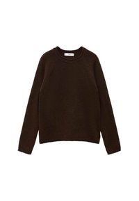 Pulover tricotat maro cu guler rotund și mâneci lungi. Textură moale, croială ușor supradimensionată, cu manșete și tiv striate. Design minimalist.