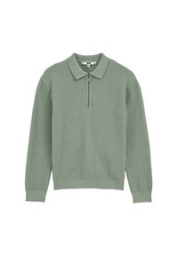 Pull tricot vert clair avec motif texturé, manches longues, poignets et ourlet côtelés, et une courte fermeture éclair sous un col rabattable.