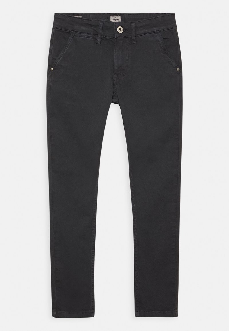 Černé džíny s úzkým střihem, vybavené knoflíkovým zapínáním, pěti kapsami a jemným prošíváním na stranách. Hladká textura.