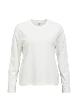 Vienkārša balta garām piedurknēm krekla ar apaļu apkakli, taisnu apakšmalu un piegulošām piedurknēm, attēlota uz neitrālas krāsas fona.