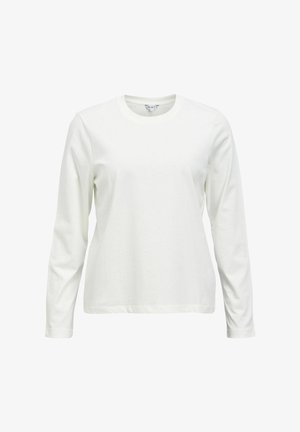 Vienkārša balta garām piedurknēm krekla ar apaļu apkakli, taisnu apakšmalu un piegulošām piedurknēm, attēlota uz neitrālas krāsas fona.