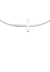 Srebrny krzyżyk na delikatnym łańcuszku. Krzyż ma gładką, wypolerowaną powierzchnię i jest symetrycznie ukształtowany z prostymi ramionami.