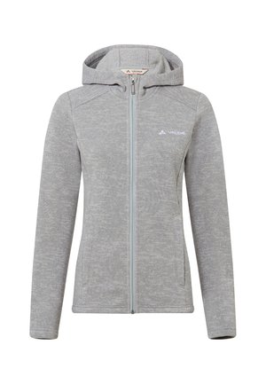 Lichtgrijze volle rits fleece hoodie met lange mouwen, twee zijzakken en het Vaude-logo op de borst.