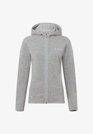Giacca in pile grigia chiara con zip intera e cappuccio, maniche lunghe, due tasche laterali e logo Vaude sul petto.