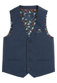Marineblaues Weste mit fünf Knöpfen, die ein geometrisches Futter in den Farbtönen Rot, Blau und Braun aufweist. Enthält eine dekorative Tasche.