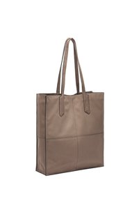 Bruine leren tas met twee lange handvatten, rechthoekige vorm, gladde textuur en subtiele paneelstiksels, met een minimalistisch ontwerp.