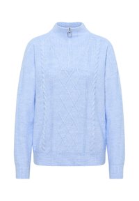 Helles blaues gestricktes Sweatshirt mit hohem Kragen, halbem Reißverschluss und strukturierten Mustern, darunter Zöpfe und Rauten auf der Vorderseite.