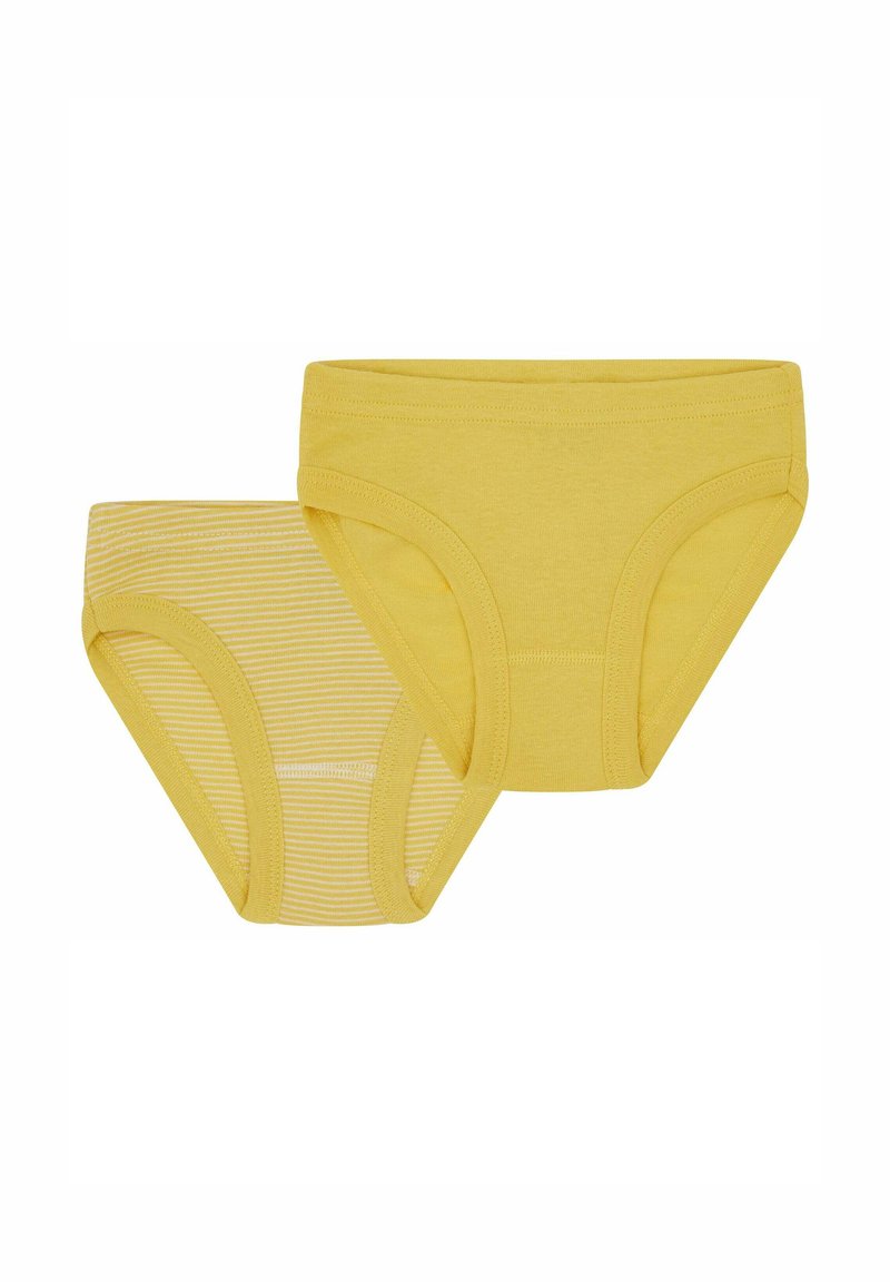 Due calzoni in cotone giallo: uno giallo uniforme, l'altro con sottili righe bianche. Entrambi presentano una cintura elastica e un taglio semplice.