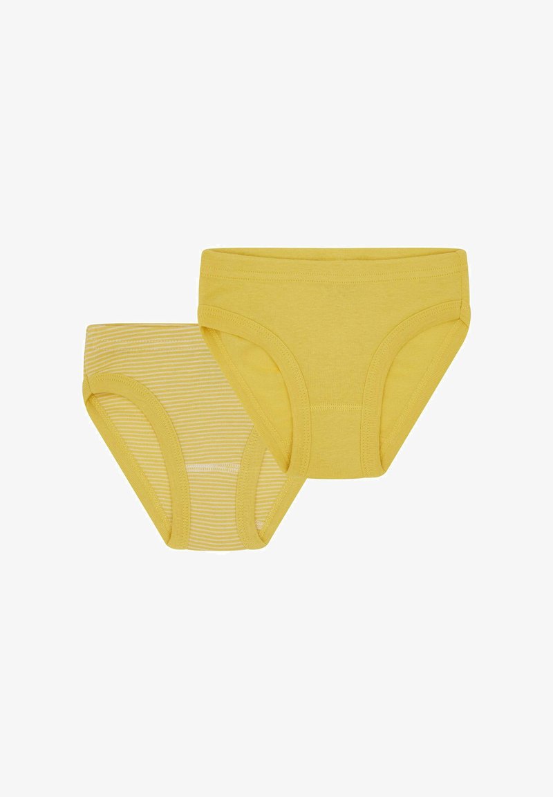 Two pairs of yellow cotton briefs: one solid yellow, one with thin white stripes. Both feature elastic waistbands and a simple cut.