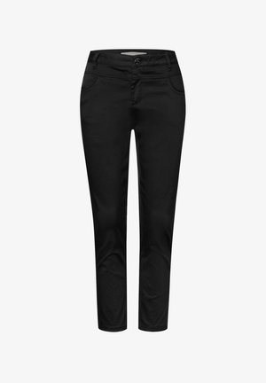 Pantalons noirs en tissu lisse, dotés d'une fermeture à bouton, de quatre poches et d'une coupe droite.