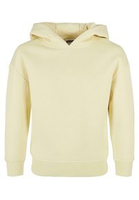 Sudadera con capucha amarilla de textura suave, diseño casual, puños y dobladillo acanalados. Presenta una capucha amplia y mangas caídas.