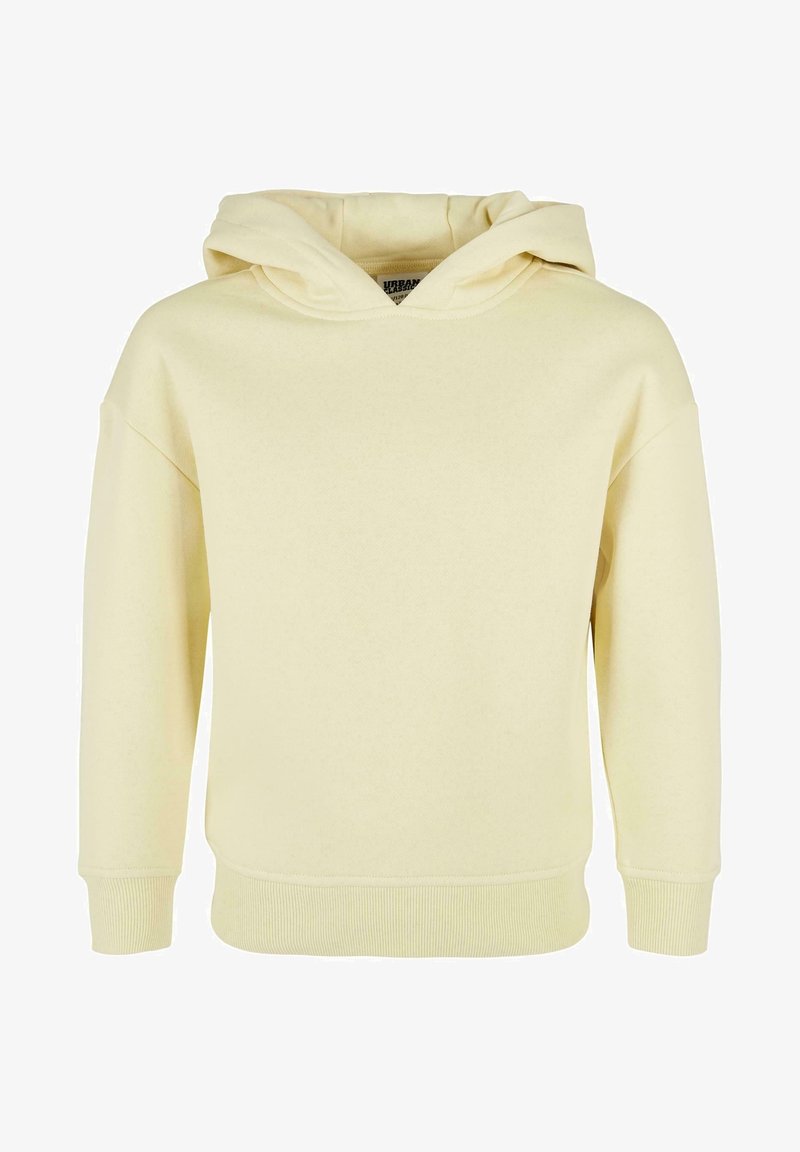 Sudadera con capucha amarilla de textura suave, diseño casual, puños y dobladillo acanalados. Presenta una capucha amplia y mangas caídas.