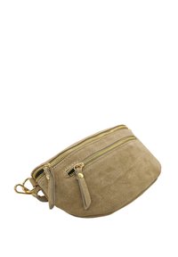 Sac bandoulière en daim beige avec deux fermetures éclair dorées, forme arrondie, détail de matériel sur le côté et texture douce.