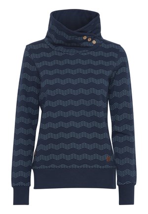 Navy blue sweatshirt with a high collar and zigzag pattern. Features wooden button accents and ribbed cuffs and hem. Smooth texture.
