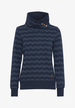 Sweatshirt bleu marine avec un col haut et un motif en zigzag. Présente des accents en boutons en bois et des poignets et un ourlet côtelés. Texture lisse.