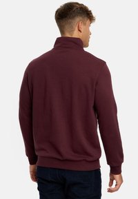 Burgunderfarbene Sweatshirt mit hohem Kragen, gerippten Bündchen und lässiger Passform. Weiches Baumwollmaterial mit glatter Textur, minimale Details sichtbar.