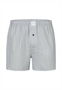 Šedobílé pruhované trenýrky s předním zapínáním na knoflíky, elastickým pasem a malou nášivkou na pásku. Materiál z bavlny.