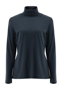 Dunkelblauer Rollkragenpullover aus glatter Stoff, mit langen Ärmeln und enger Silhouette. Keine sichtbaren Muster oder Akzente.
