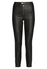 Černé kalhoty z umělé kůže s vysokým pasem, předním zipem a slim fit střihem. Obsahují vertikální švy a zipy na kotnících.