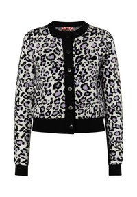 Cardigan in stampa leopardata bianca e nera con dettagli viola, caratterizzato da un collo rotondo, chiusura a bottoni e polsini e orlo a coste neri.