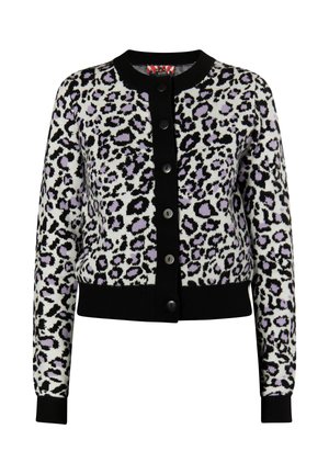 Black and white leopard print cardigan with purple accents, featuring a round neck, button front, and black ribbed cuffs and hem.