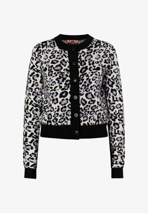 Schwarz-weißer Leopardenmuster-Cardigan mit lila Akzenten, Rundhalsausschnitt, Knopfleiste und schwarzen gerippten Bündchen und Saum.