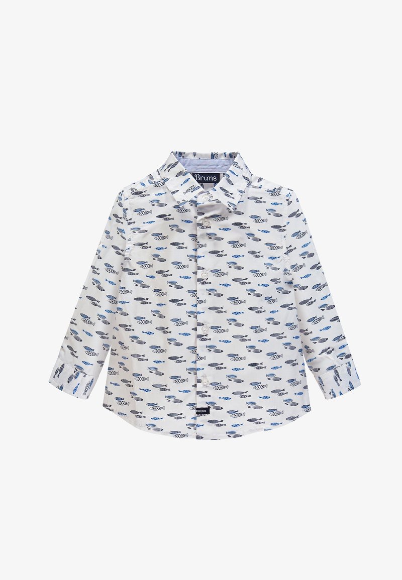 Chemise blanche à manches longues avec boutons, motifs de poissons bleus et noirs, col et poche poitrine avant.