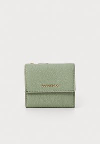 Green textured leather wallet with a fold-over closure and gold "Coccinelle" logo. Compact square shape with neat stitching details.