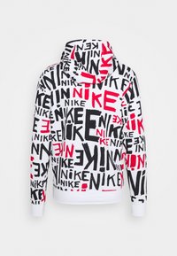 Weißer Kapuzenpullover aus Stoff mit schwarzem und rotem Nike-Logo. Verfügt über lange Ärmel und eine weiche Textur. Lässiges Design mit entspannter Passform.