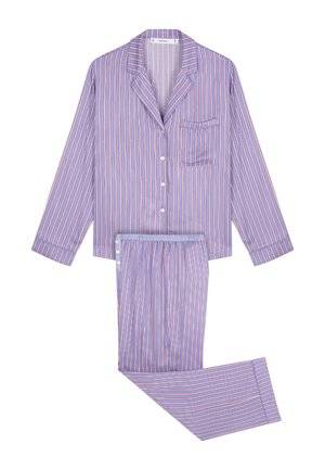 Ensemble de pyjama rayé en violet et rose. Le haut à manches longues dispose d'une poche poitrine et de boutons. Le pantalon assorti a une coupe décontractée et une taille élastique.