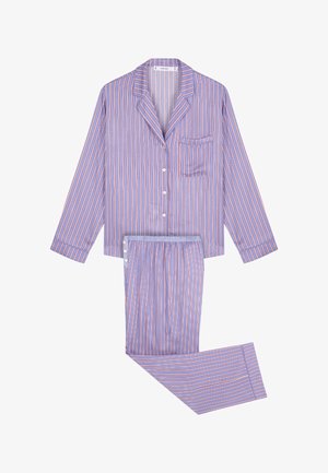 Ensemble de pyjama rayé en violet et rose. Le haut à manches longues dispose d'une poche poitrine et de boutons. Le pantalon assorti a une coupe décontractée et une taille élastique.