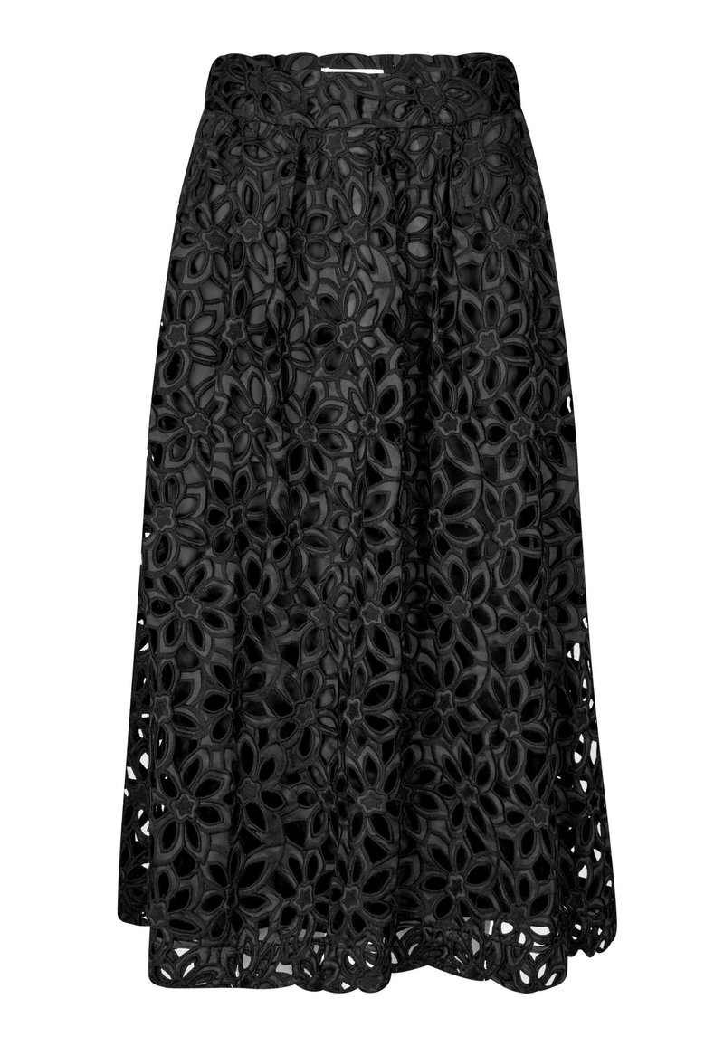 Melnas ziedu mežģīņu svārki ar izšūtu rakstu, A formas siluetu un elastīgu jostu. Pateicoties detalizētām izgriezumiem apakšmalā.