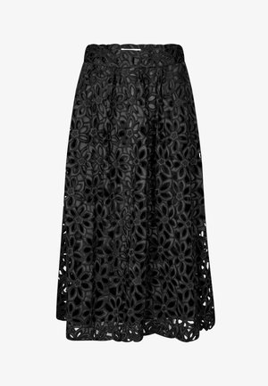 Juodas gėlių nėrinių sijonas su siuvinėtu raštu, A formos siluetas ir elastinga liemenėle. Išsamesni išpjovimai palei apatinę dalį.