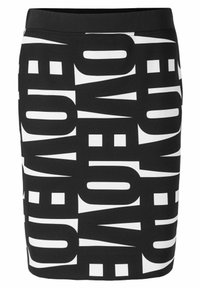 Schwarzer Rock mit auffälligen weißen Schriftzügen in wechselnder Ausrichtung. Hergestellt aus glattem, dehnbarem Material und mit einem eng anliegenden Bund versehen.