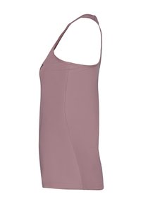 Ljust rosa, ärmlös linne med en åtsittande design, slät textur och rund halsringning. Minimalistisk stil utan synliga mönster eller accenter.