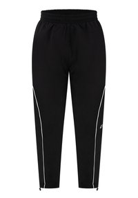 Pantalon de sport noir avec taille élastique, liseré blanc sur le côté, jambes fuselées et petit logo sur la cuisse droite.