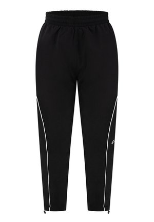 Czarne spodnie sportowe z elastycznym pasem, białym paskiem po bokach, zwężanymi nogawkami i małym logo na prawej udzie.