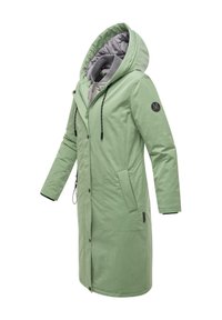 Light green parka jacket with a hood, front zipper, and buttons. Features two side pockets and gray inner lining with quilted texture.