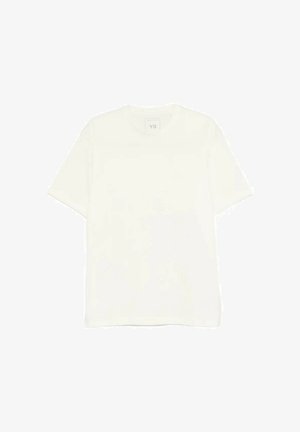 Maglietta bianca semplice a maniche corte con scollo rotondo e una piccola etichetta del marchio "Y-3" all'interno del colletto.