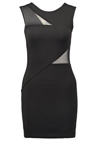 Robe bodycon noire sans manches avec découpes asymétriques en mesh au niveau de l'encolure et de la taille, avec un tissu texturé et une silhouette ajustée.