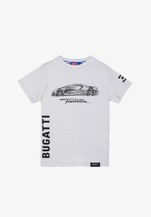 Graues Baumwoll-T-Shirt mit einer schwarzen Skizze eines Autos und dem Text "Tourbillon". "BUGATTI" vertikal in fettem Schwarz links gedruckt.