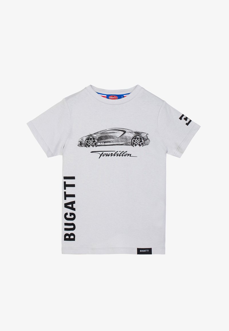 T-shirt in cotone grigio con un disegno in nero di un'auto e il testo "Tourbillon". "BUGATTI" stampato verticalmente in grassetto nero sul lato sinistro.