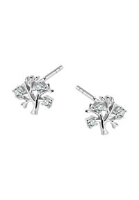 Srebrne kolczyki w kształcie drzewa z trzema przezroczystymi, błyszczącymi akcentami z kamieni szlachetnych. Gładka faktura z polerowanym wykończeniem.