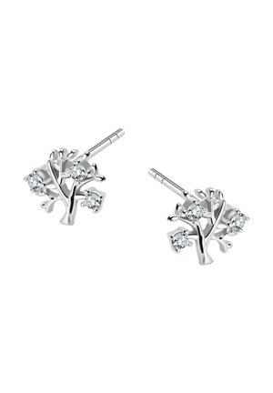 Srebrne kolczyki w kształcie drzewa z trzema przezroczystymi, błyszczącymi akcentami z kamieni szlachetnych. Gładka faktura z polerowanym wykończeniem.