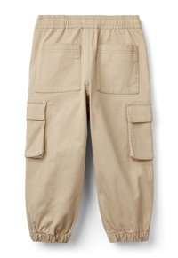 Pantaloni cargo beige con cinturino elastico, due tasche posteriori e tasche laterali cargo, con polsini arricciati per una vestibilità affusolata.