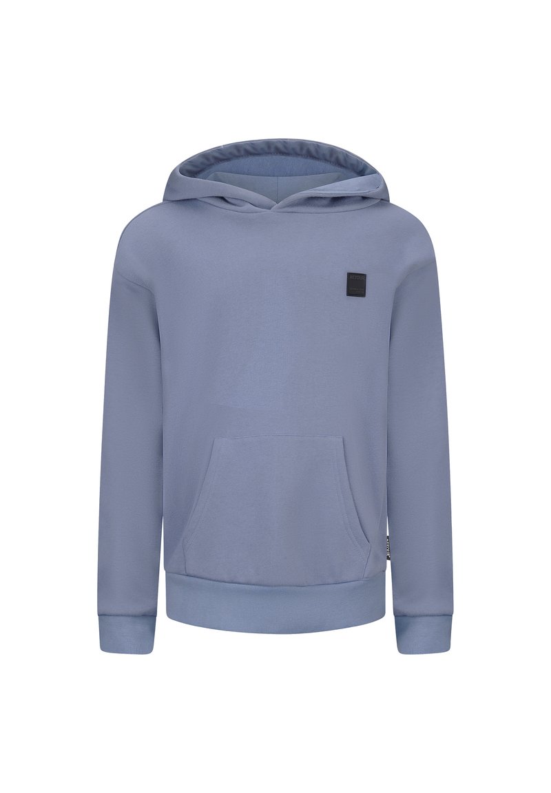 Felpa blu chiaro realizzata in morbido misto cotone. Presenta una tasca frontale, cappuccio con coulisse, polsini e orlo a coste, con una piccola patch del logo.